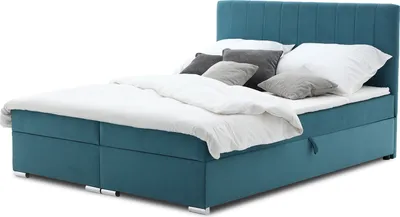 Produktbild von Boxspringbett Grenland 160x200 z Bonnell-Federkernmatratze und Topper - Kontinentalbett mit Stauraumbett und dekoratives Kopfteil - Farben zur Auswahl - STOFF Trinity 13 - Türkis