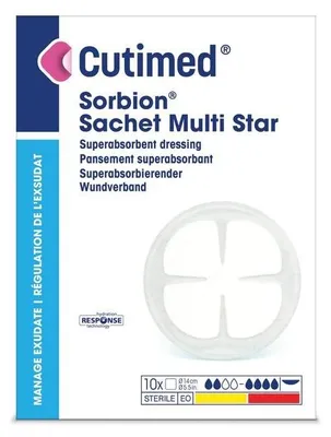 Imagen del producto de Cutimed Sorbion Multistar, apósito para heridas, presentación en sobres, tamaño 8 cm, caja de 10 unidades