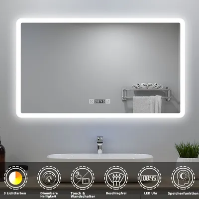 Produktbild von AICA LED Badspiegel 120x70cm Touch/Wandschalter Wandspiegel mit Uhr Beschlagfrei 3 Lichtfarbe Dimmbar Memory-Funktion IP44