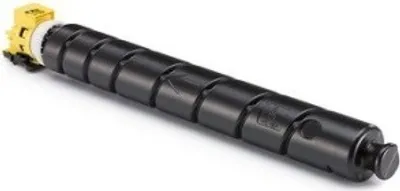 A black toner cartridge with a yellow connector on a white background.