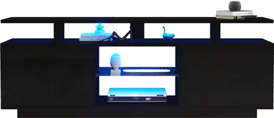 A modern black TV cabinet with LED lighting.