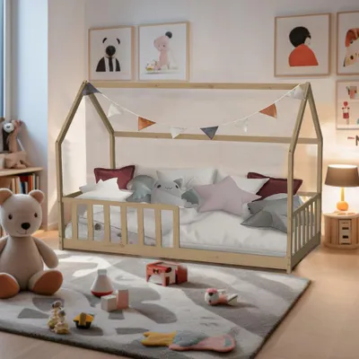 Produktbild von Hausbett KIWI mit Lattenrost / Kinderbett 90x200 - Naturholz