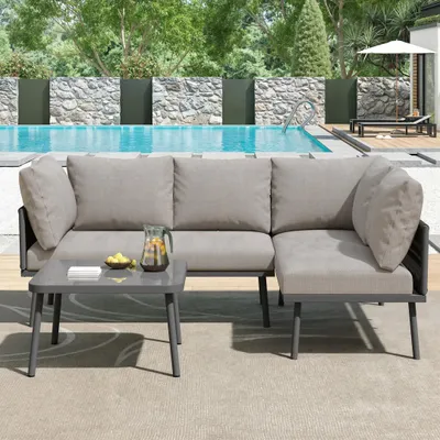 Image de Banc de jardin en L - Structure en acier - Pieds réglables - 2 bancs - Coussins