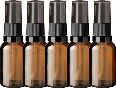 Produktbild von 5x Braune Glasflasche 15 ml mit schwarzer Pumpe leer für Öl 18 mm Set