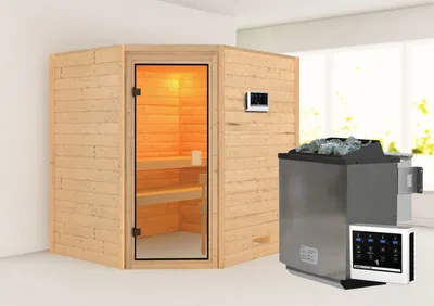 Produktbild von Karibu Sauna Innensauna Mia Eckeinstieg  Ofen 9 kW  externe Strg easy 196x169x198 cm  ohne Dachkranz mit Bronzierter Tür