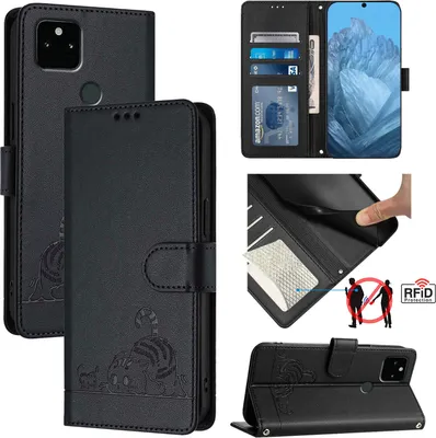 Produktbild von Leder Hülle für Google Pixel 5A Süße Katze Flip Case Brieftasche Schutzhülle mit Standfunktion Schwarz