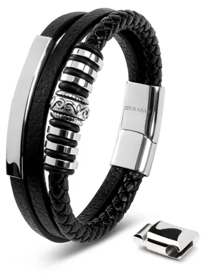 Produktbild von SERASAR Herren Armband 23cm Silber Leder Herrenschmuck Flecht Armbändchen
