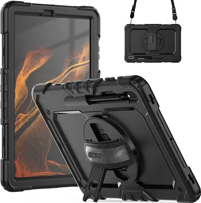 Productafbeelding van Accezz Rugged Backcover met schouderstrap voor de Samsung Galaxy Tab S8 Plus / S7 Plus / S7 FE 5G - Zwart