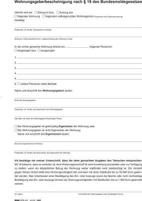 Produktbild von RNK Wohnungsgeberbescheinigung A4 nach § 19 Bundesmeldegesetz (BMG)