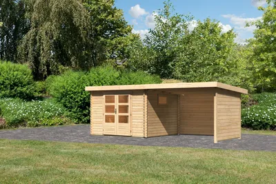 Produktbild von Gartenhaus Blockbohlenhaus Gerätehaus Trittau 3 im Set mit Anbaudach 3,3 m+Rück-und Seitenwand naturbelassen 580,5x297x217 cm