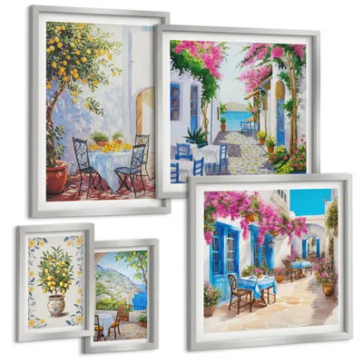 Produktbild von Bilder Set 5-teilig im silbergerahmten Rahmen – Wandbilder 5 Stück – gerahmte Poster für Wohnzimmer, Schlafzimmer und Flur – 50x50 cm - 40x60 cm – Berglandschaften mit einem Fluss