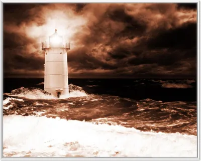 Produktbild von Wallario Wandbild Abstrakter Leuchtturm im Wasser bei stürmischer See, Größe: 40,30 x 50,30 cm, Poster mit weißem Aluminiumrahmen