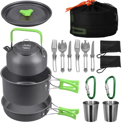 Produktbild von Campinggeschirr-Set, 18-teilig, mit Topf, Wasserkocher und Besteck, inkl. Tasche