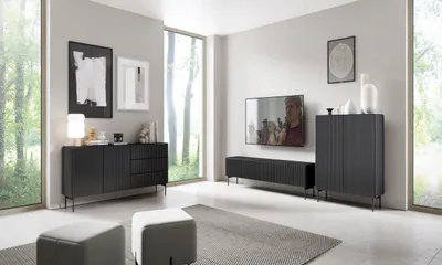 Produktbild von Möbelset Muti Schwarz Matt | 3-teilig mit Kommode, Highboard & TV-Lowboard | Design mit Riffel-Fronten