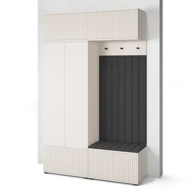 Produktbild von Garderoben-Set Ritmo version 2 – gefräste Kleiderschrank mit Polsterplatten, Schuhschrank, für Flur und Eingangsbereich (cashmere, Trinity 16)