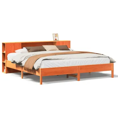 Produktbild von vidaXL Massivholzbett mit Regal ohne Matratze Wachsbraun 200x200 cm
