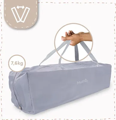 Zdjęcie produktu dla Malplay łóżeczko turystyczne kojec worek materac LUNO 60x120cm szary z kółkami szybkie rozkładanie