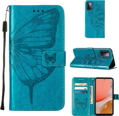 Produktbild von Galaxy A72 4G Hülle, Schmetterling Prägung Flip Leder Kartenfächer Schutzhülle Ledertasche mit Ständer für Samsung Galaxy A72 4G / 5G Blau