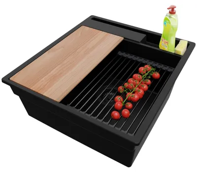 Produktbild von PRIMAGRAN Spülbecken Alles Schwarz 48x53cm, Granitspüle 1 Becken + Ablauf-Set + Küchenzubehörset, Küchenspüle ab 50er Unterschrank - Oslo Pocket