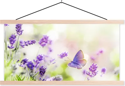 Produktbild von MuchoWow® Textilposter Lavendel - Schmetterling - Blumen - Natur 60x30 cm mit holzfarbenen Rahmen - Dekoration