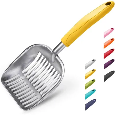 Productafbeelding van WePet kattenbakschep van aluminiumlegering met lange steel, diepe metalen schep voor de kattenbak, 35 x 14 cm, gele handgreep