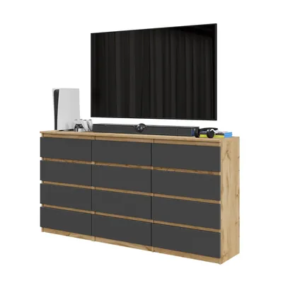 Produktbild von Großes TV-Board / Sideboard GABRIEL mit 12 Schubladen – 180 cm – Wotan Eiche / Anthrazit – Moderne Kommode für Wohnzimmer – Set