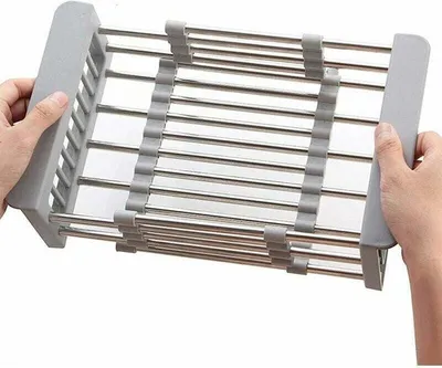Obrázek produktu pro Výsuvný odkapávač na nádobí, odkapávač na nádobí z nerezové oceli pro použití nad dřezem, odkapávač na nádobí s nastavitelnými rameny, odkapávač na nádobí pro použití ve dřezu nebo na pracovní desce