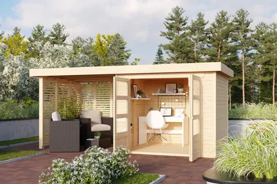 Produktbild von Karibu Gartenhaus Gerätehaus Askola 3 im Set mit Anbaudach 2,40 m Breite und Feuerholzoption naturbelassen 462x217x211 cm