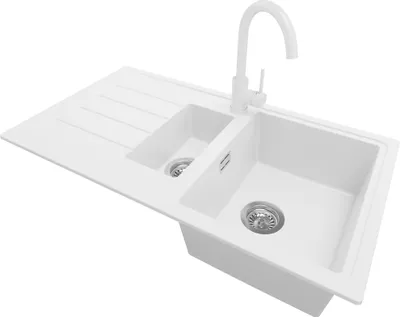 Produktbild von PRIMAGRAN Granitspüle Weiß 90x50cm, Spülbecken 1,5 Becken + Küchenarmatur 32x20cm + Ablauf-Set, Küchenspüle ab 60er Unterschrank - Kopenhagen Duo