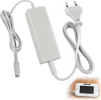 A white power adapter and cable for a Wii U Gamepad, with a small inset image of the Gamepad itself.