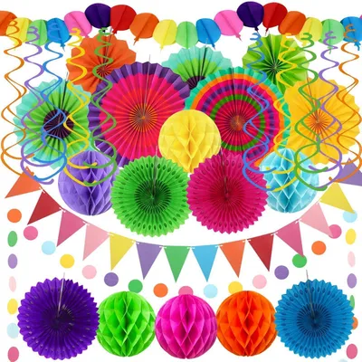 Productafbeelding van Feestdecoratieset: papieren waaier, honingraatballen, slingers, meerkleurig, 27-delig
