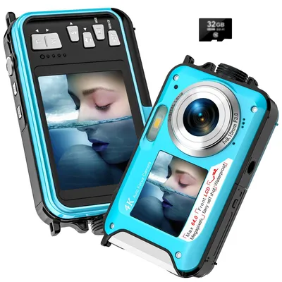 Produktbild von 4K 64MP Unterwasserkamera, Wasserdichte Autofokus Digitalkamera (5m/16FT, Dual-Screen Selfie, 32GB Karte, 1250mAh Akku) für Schnorcheln Urlaub