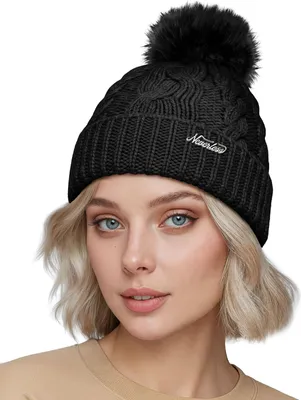Produktbild von Damen Strick-Mütze Merino Wollmütze Bommelmütze Wintermütze mit Umschlag Pudelmütze Strickbeanie Neverless®