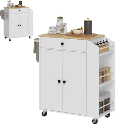 Zdjęcie produktu dla HOMCOM Wózek kuchenny na kółkach z wyspą kuchenną i blatem, szafka kuchenna z szufladą, stojak na przyprawy, półka, reling na ręczniki, wózek do serwowania do kuchni i jadalni, 82 x 38 x 86,5 cm, biały