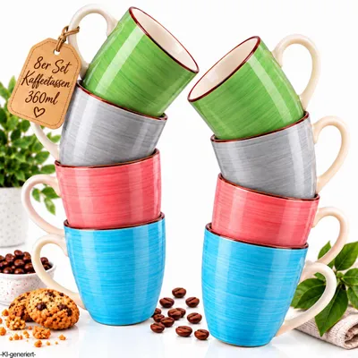 Produktbild von 8er Set Kaffeetassen 360 ml – Bunte Keramik Kaffeebecher mit Henkel – Spülmaschinengeeignet – Große Tassen für Kaffee, Tee & Cappuccino