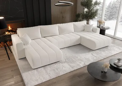 Image de Canapé d'angle avec fonction sommeil et coffre de lit MILO U, tissu WIND, écru
