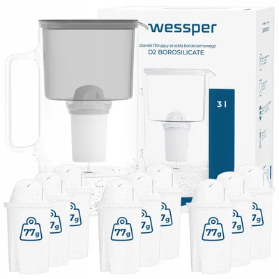 Produktbild von Wessper D2 BOROSILICATE Wasserfilterkanne 3 L Grau – Glasfilterkanne mit 10 AquaClassic Filter, BPA-frei