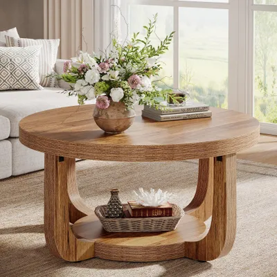 Produktbild von Couchtisch Wohnzimmer, Büro, Hochwertiger Spanplatte Runder Couchtisch 2 Ebenen Stauraum, Stabil, Retro-Holzmaserung - Rustikales Braun 80 cm