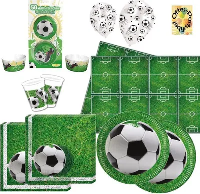 Produktbild von Fußball Football Partyset 93tlg. 8 Kids Teller Becher Serv. Decke Ballons Muffin