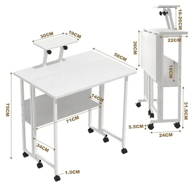 Produktbild von Klappbarer Schreibtisch - Computertisch - Mit Rollen - Für kleine Räume - Mit Stauraum - Mit Tastaturauszug - Weiß