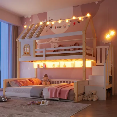 Produktbild von Flieks Kinderbett Hausbett 90x200cm / 140x200cm, Etagenbett mit Led, Kinder Hochbett mit Treppe und Stauraum, Stockbett 2 Kinder, Naturbelassen