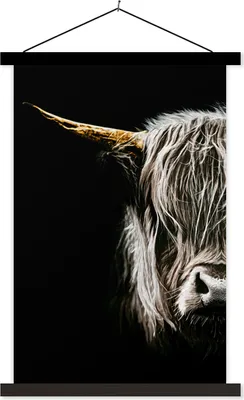 Produktbild von MuchoWow® Textilposter Schottisches Hochlandrind - Porträt - Hoorn 60x90 cm mit schwarzem Rahmen - Poster Wohnzimmer