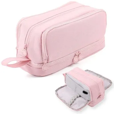 Image de Trousse pour garçons, filles et adolescents - Trousse de grande capacité - Fournitures scolaires - Trousse à 4 compartiments - Rose