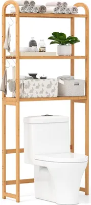Image de Étagère de salle de bain en bambou - Meuble de rangement à 3 niveaux pour toilettes