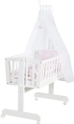 Obrázok produktu pre roba Detská kolíska Kleine Wolke 40 x 90 cm z dreva – detská postieľka a kolíska – kompletná sada s aretáciou a textilným vybavením – biela/ružová