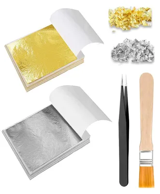 Produktbild von Imitations-Blattgold und Blattsilber - 200 Blatt mit Pinzette und Pinsel - Für Handwerkskunst und DIY - Gold und Silber