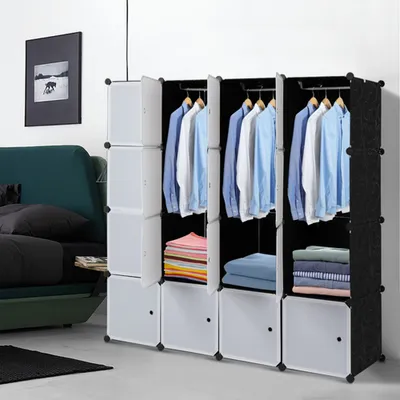 Image de ALIGHTUP Armoire avec 3 tringles à vêtements, système modulaire DIY, étagère enfichable, design profond, 4 niveaux avec 16 compartiments, 142x47x142cm, portes blanches et corps noir