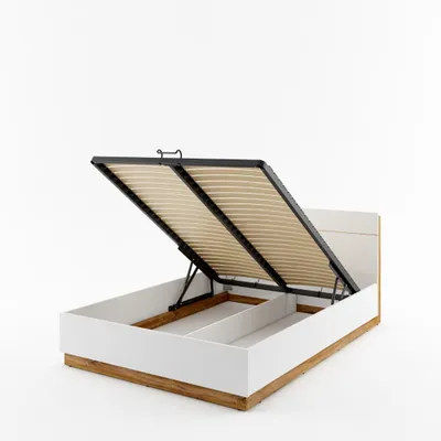 Zdjęcie produktu dla MINIO go for it, łóżko klasyczne, łóżko "DENTRO", 160 cm, z pojemnikiem na pościel, oświetleniem, kolor biały/dąb Stirling