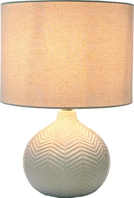 Produktbild von Relaxdays Tischlampe, Fischgräten-Muster, Keramikfuß, Stoffschirm, E27, HxD: 42 x 30 cm, Nachttischlampe mit Kabel, weiß