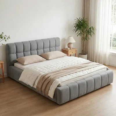 Produktbild von INONEFT Polsterbett Doppelbett 160x200cm mit Lattenrost, Bodenbett mit gepolstertem Kopfteil im Bubble, Grau Leinen Designer Bett für Schlafzimmer, KI-generiertes Bild